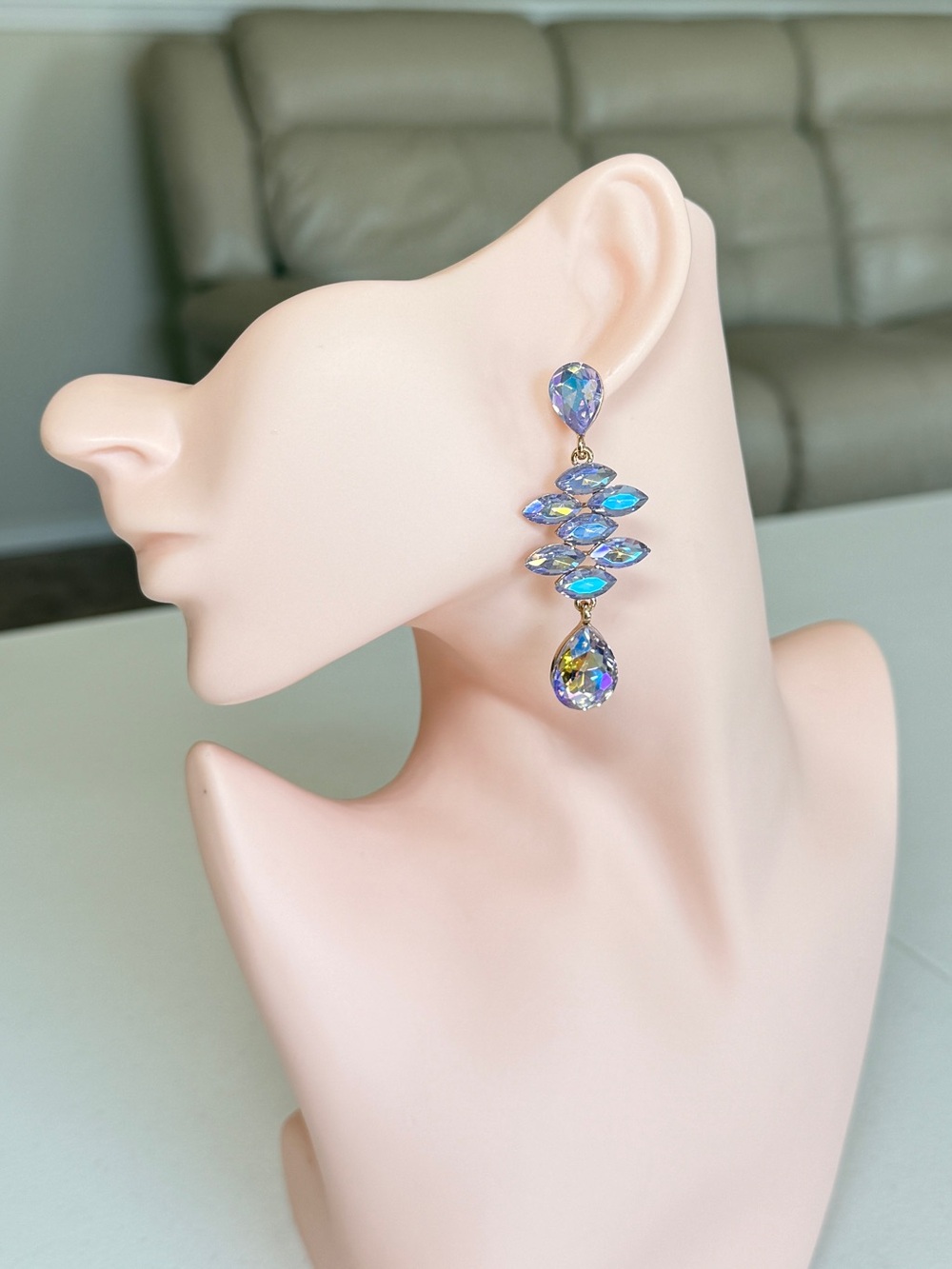 Iridescent Blue Crystal Drop Earrings - Fashion Jewelry